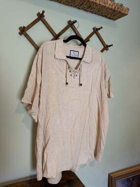 Suslo Couture Men's 3XL Slim Fit Linen Blend Lace-Up Henley Shirt Beige Short Sl